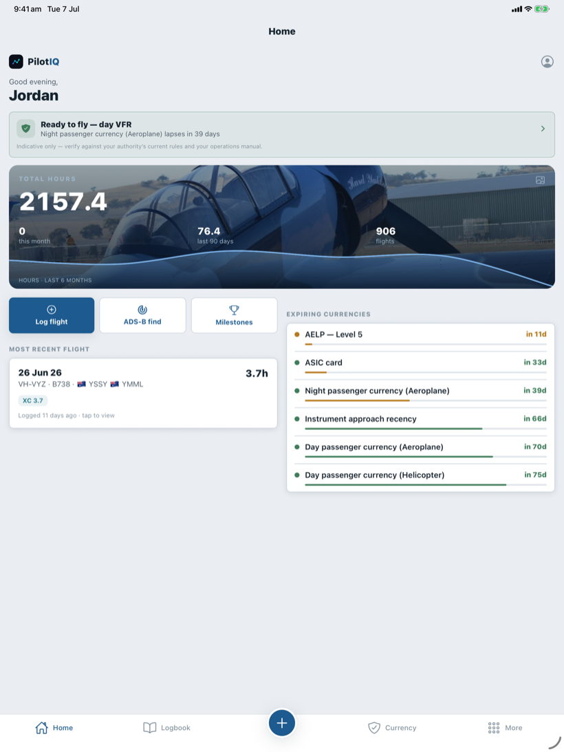 The Home tab — total hours, recent flight and expiring currencies