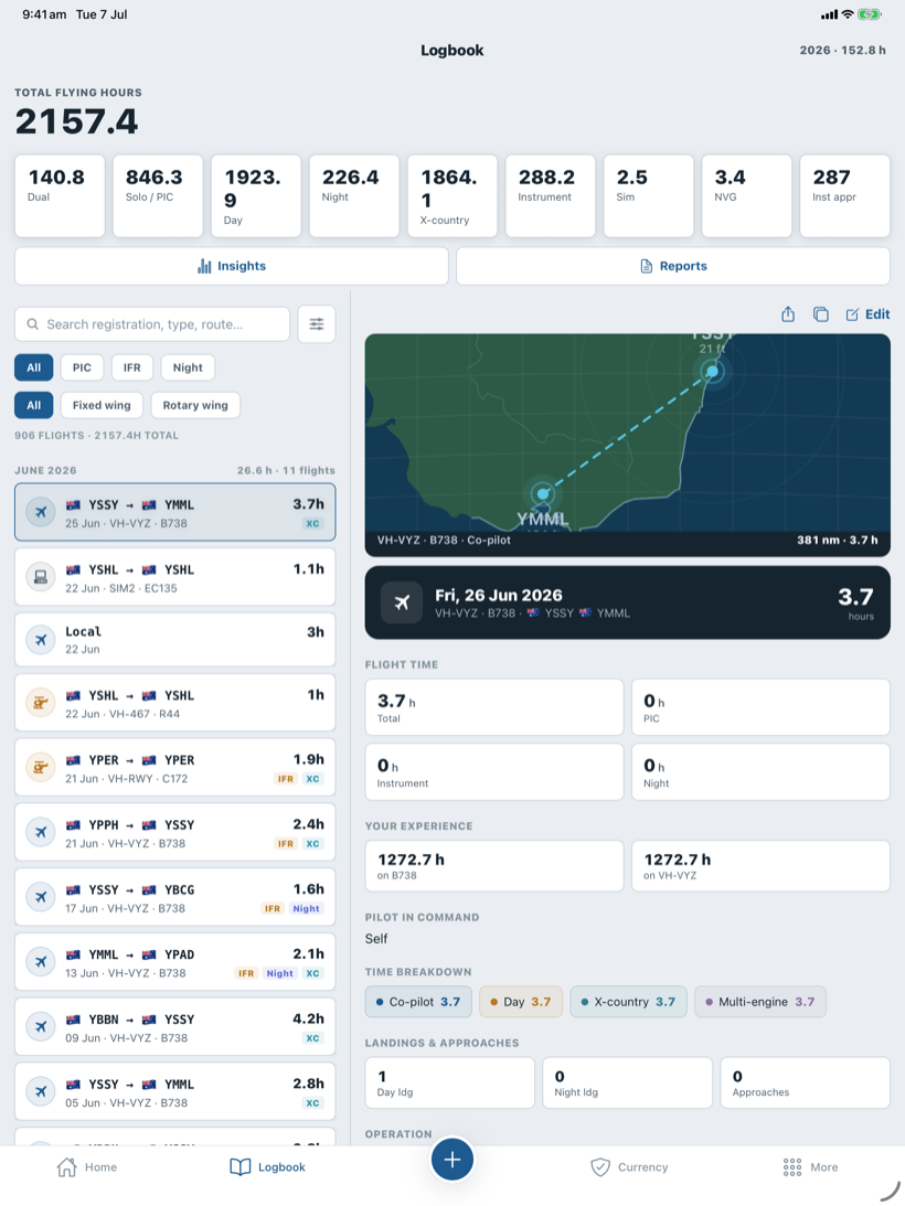 The Logbook tab — totals, search, filter and your flights
