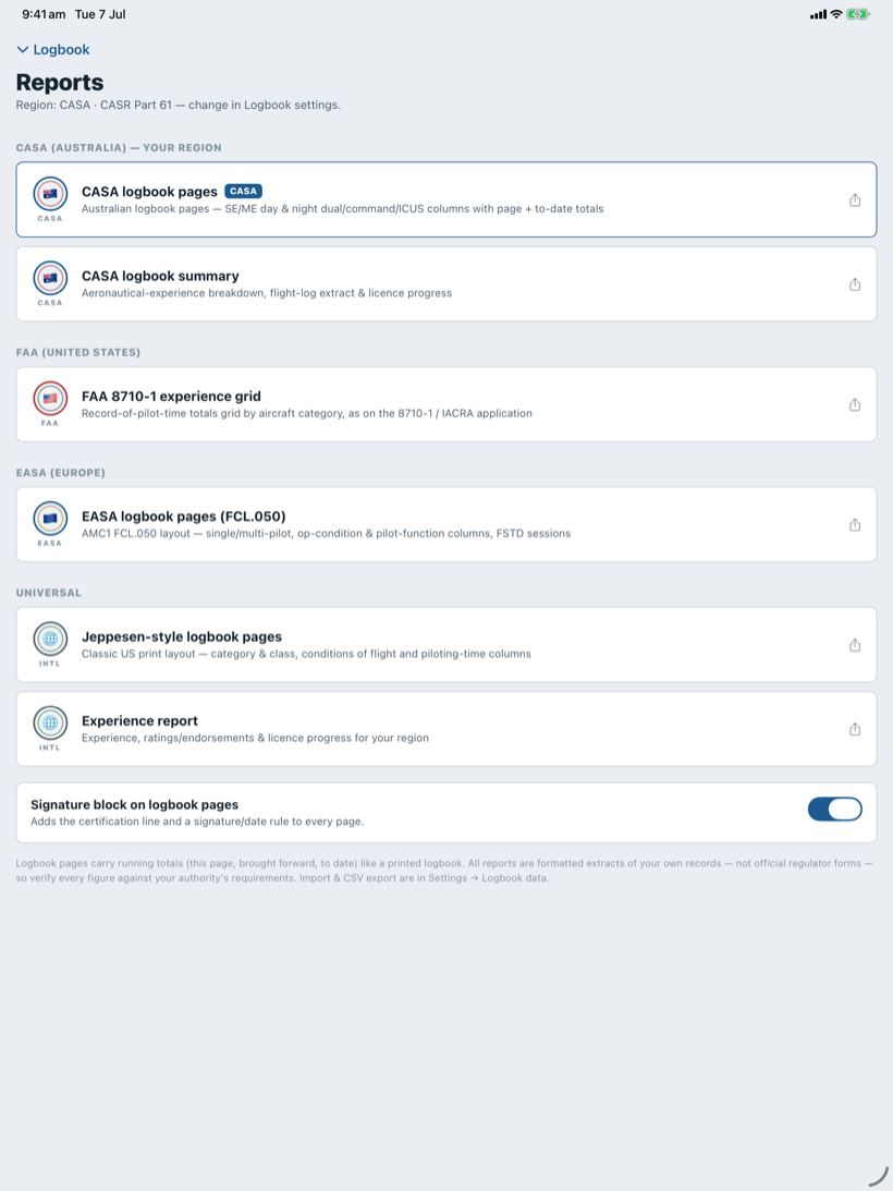 Reports — regulator‑style exports from your logbook