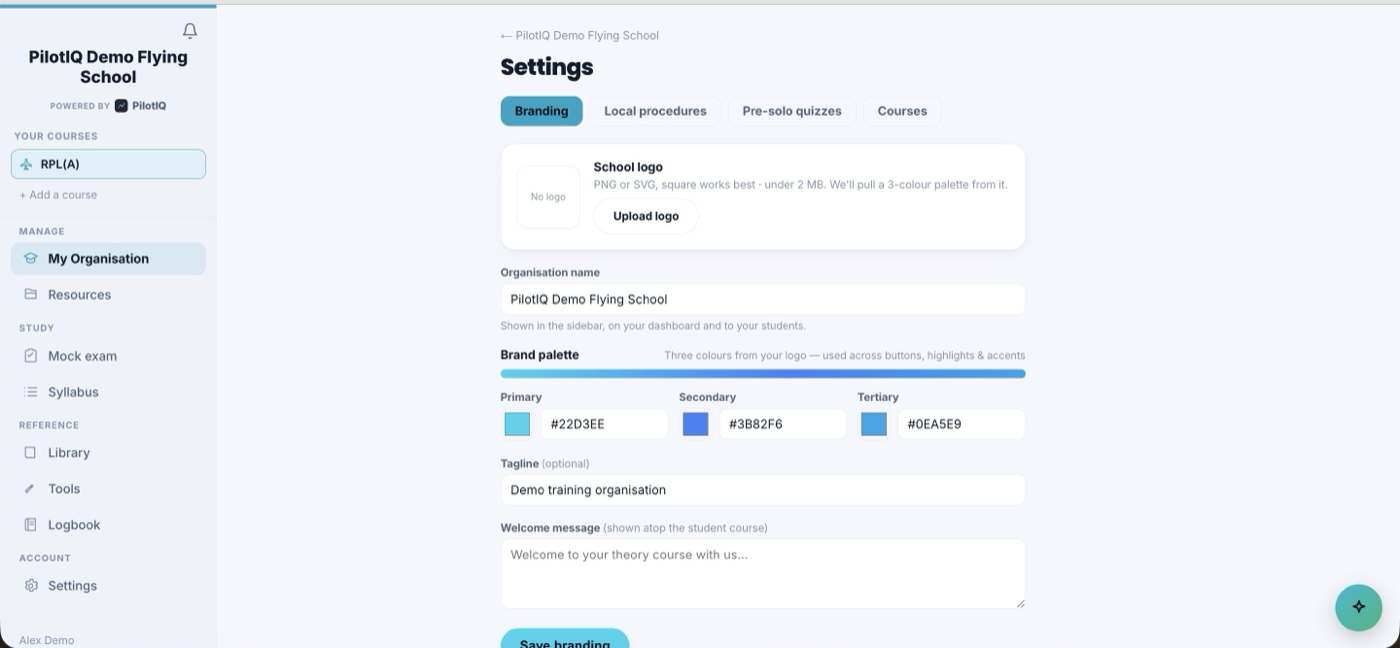 Branding settings — your logo, colours and identity carried across the platform